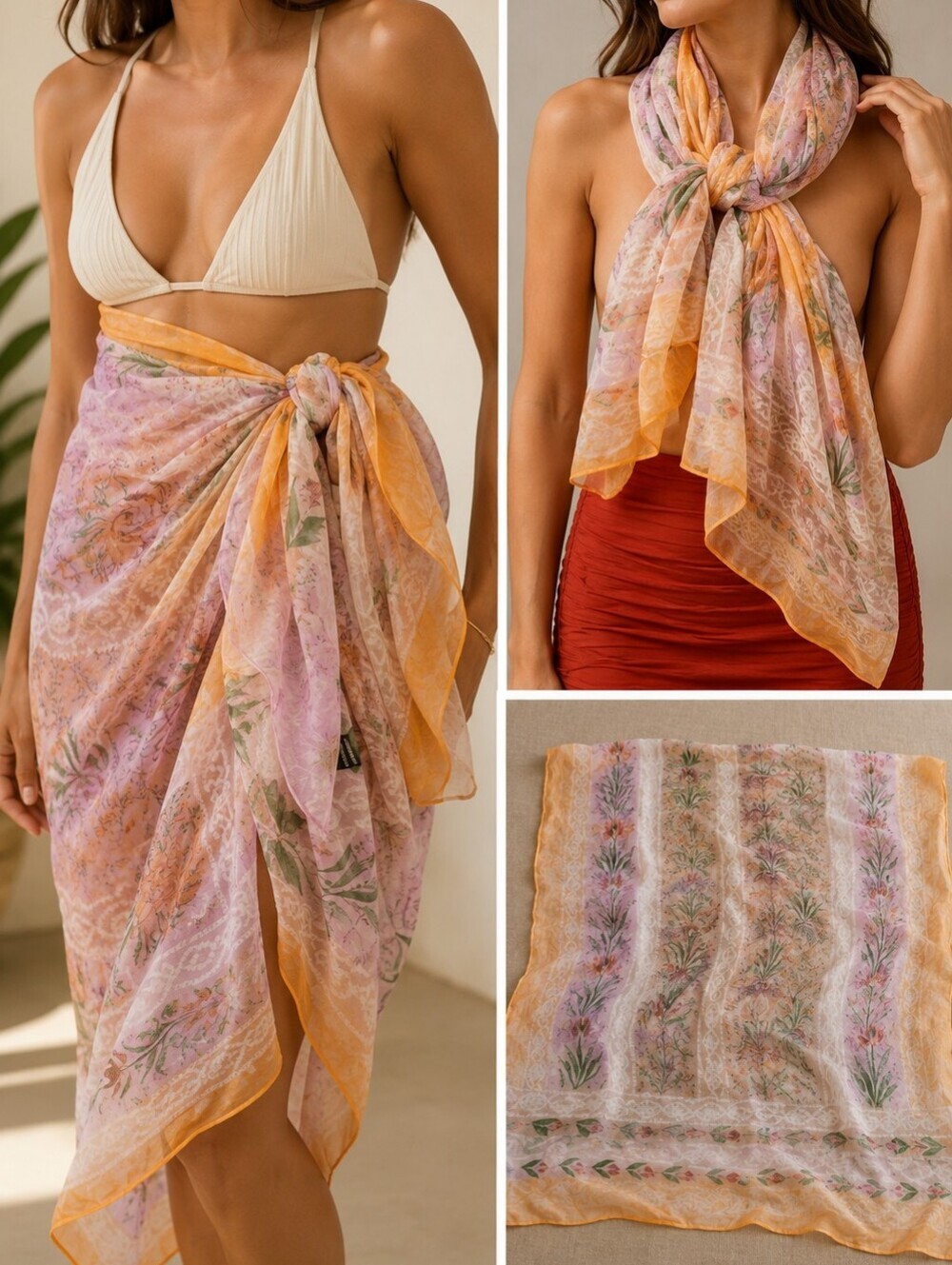 FEATHERS by TOLANI Pastel Floral Delicate Silk Sarong Scarf Blanket Wrap